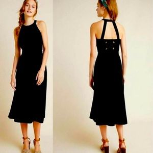 EUC black linen blend Greta halter button back dress By Maeve Anthropologie 22w